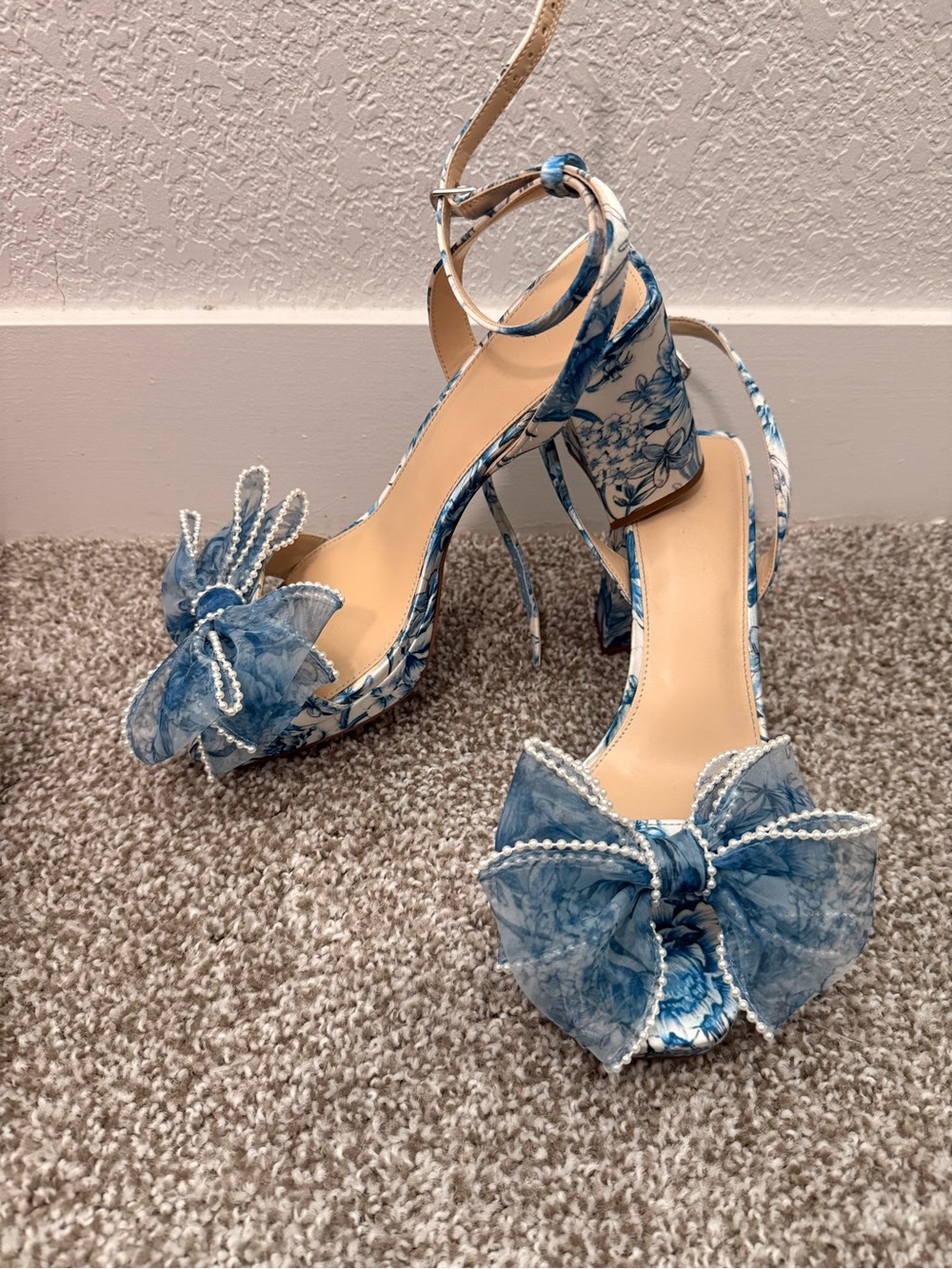 Betsey Johnson Floral Blue Bow Ankle-Strap Heels
